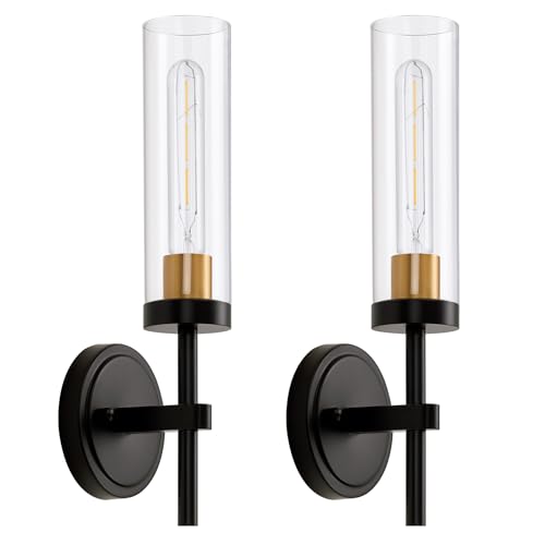 Hardwired Wall Sconces Set of Two, Black and Gold Bathroom Vanity Sconces Wall Lighting with Clear...