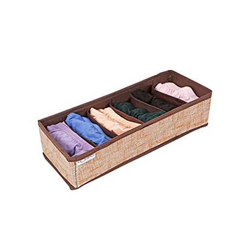 Image of HOKIPO Fabric Undergarment Organizer Storage Box For Drawers Bra Panty Socks Tie Lingerie Organizer For Wardrobe, 6 Grid, Brown (In-336), Drawer Organizers