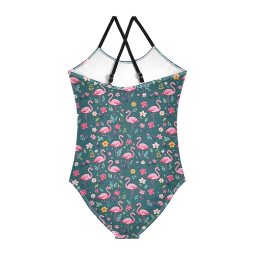 senya Girls Swimsuits One-Piece Swimwear Tie Bathing Suit Beach Summer Round Neck 5-6T Flamingo Flowers Leaves Pattern2