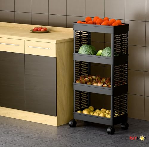 Image of RAYMOX 4 Tier Storage Rack with Wheels | Bathroom Kitchen Organizer Shelf | Rolling Utility Trolley for Home, Laundry, Office & Living Room | Heavy Duty Plastic Rack - Black