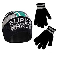 Nintendo Winter Hat, Kids Gloves Or Toddlers Mittens, Super Mario Baby Beanie for Boys Ages 4-7, Black/Grey Design, Age 4-7