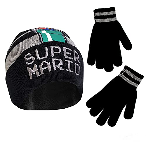 Nintendo Winter Hat, Kids Gloves Or Toddlers Mittens, Super Mario Baby Beanie for Boys Ages 4-7, Black/Grey Design, Age 4-7