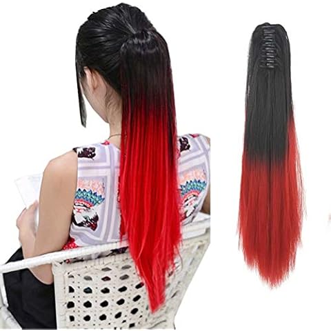 iLUU 24" Long One Piece Straight Claw Clip in Ombre Ponytail Hairpieces Thick Pony Tail Heat Resistent Fiber Ponytail Hair Extensions for Cosply Party Darly Use (130g - Natural Black/Red) Cover