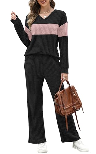 RUMIA Two Piece Sets for Women Loose Fit Cute Fashion Sweater Pant Sets Travel Outfits Airport Ouffits Pink Block XXL - Thumbnail 2