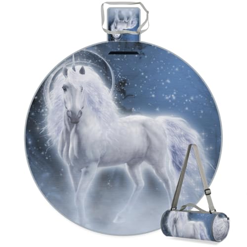 Shimoshe Fantasy Galaxy Horse Picnic Outdoor Blanket Foldable Waterproof Sandproof Beach Blanket Portable Water-Resistant Round Picnic Mat for Travel Camping Park Lawn