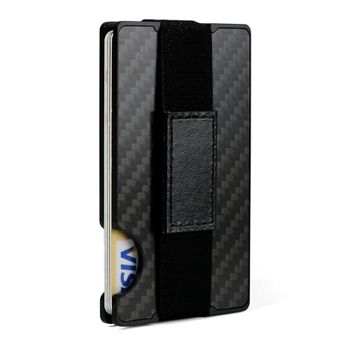 GOLRIDI Wallet for Men, Slim Minimalist Carbon Fiber Wallet with Metal Money Clip/Cash Strap, RFID Blocking Aluminum Card Holder,Matte Carbon Fiber