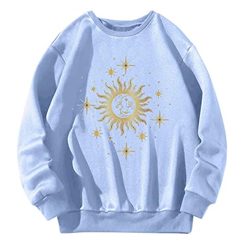 Snakell Womens Sun Moon Print Sweatshirt Crew Neck Jumper Long Sleeve Tops Pullover Autumn Winter Casual Blouse Tunic T-Shirt (Blue, M) Cover