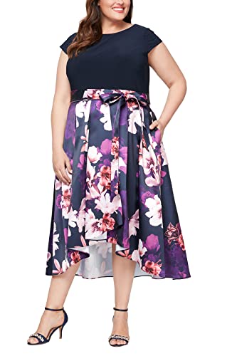 Image of S.L. Fashions Women's Plus Size Tea Length Tuck Neck Fit and Flare Dress
