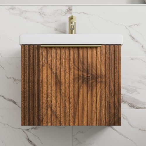 Image of BAYSTONE Fluted 500mm Bathroom Vanity Unit White Ceramic Basin Sink, Cloakroom Storage Furniture Cabinet Wall Hung Cupboard Soft Close, Brushed Brass Handle, Walnut