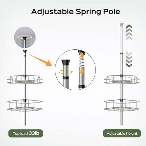 Image of HAMITOR Corner Shower Caddy Tension Pole 4 Tier Rustproof Shampoo Organizer | 47.7-123.6In Adjustable Shelves For Renters, No Drill Quick Install, Space Saving Family Bathroom Storage, Silver Gray Finish
