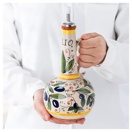 Ceramic Olive Oil Dispenser Bottle 23oz, Hand Painted Olive Oil Bottles, Decorative Stoneware Olive Oil Cruet for Kitchen with Stainless Steel Spout for Oils, Sauces, Vinegar