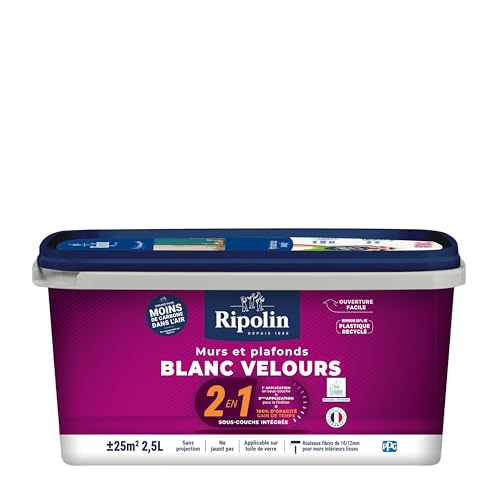 RIPOLIN - Peinture mur et plafond intérieur, 2en1 Blanc Velours 2,5L, Sans Sous-couche, Application Facile, Haut Pouvoir Couvrant, Séchage Rapide, Finition...