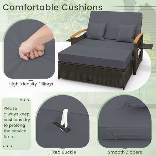 COSTWAY Garden Rattan Daybed, Patio Double Chaise Lounger Sun Bed with 4-Level Adjustable Back, Storage Ottoman, Cushions, Pillows & Side Trays, Outdoor Loveseat Sofa Conversation Furniture (Grey) - Image 6