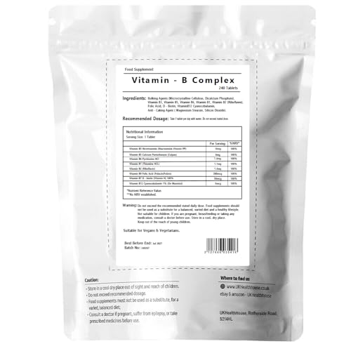 UKHealthHouse Vitamin B Complex - 240 Tablets - B1 B2 B3 B5 B6 B7 B9 B12 - High Strength - Folic Acid - Vegetarian & Vegan - GMO Free - Easy Swallow