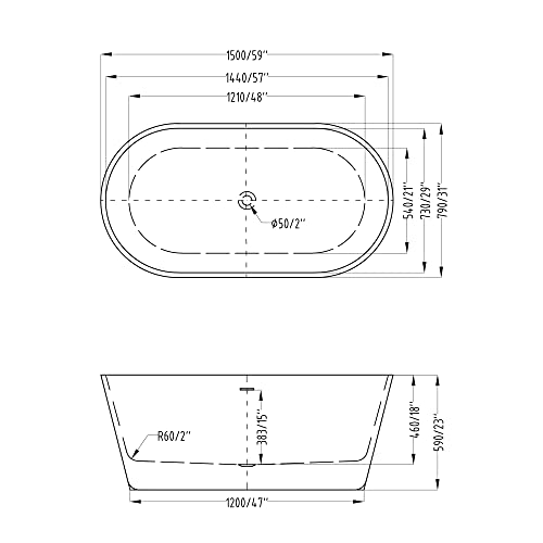 doporro Freistehende Design-Badewanne oval Vicenza520OA 150x79x59cm inkl. Ablaufgarnitur und Überlauf aus Acryl in Weiß und DIN-Anschlüssen