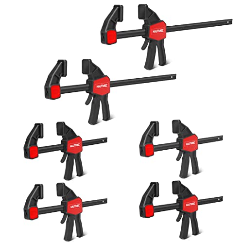 HAUTMEC Bar Clamps for Woodworking,One Handed Quick Grip Clamp/Spreader,12-Inch (2) and 6-Inch (4) Wood Clamps Set with 150 Lbs Load Limit, for Woodworking and DIY HT0290-CL