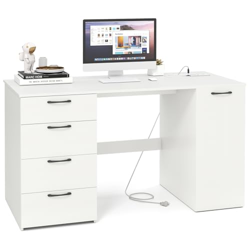 Tangkula 53" White Computer Desk with 4 Storage Drawers & Cabinet, Home Office Desk with Charging Station, 5-Level Adjustable Shelf & Cable Management Hole, Writing Study Desk, Modern Executive Desk