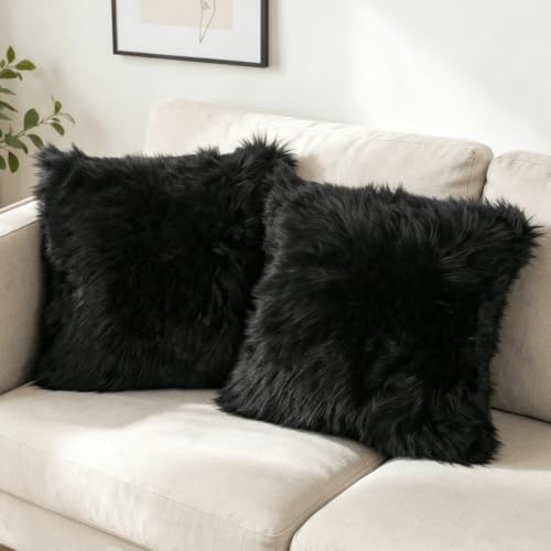 OYIMUA 2 Pcs Weicher Zierkissenbezüge Deko Kissen Schaffell Lammfell Kunstfell Langhaar Zierkissen Kissenbezug Fellimitat Sofakissen Cuddly Kissen (Schwarz, 40 x 40 cm)