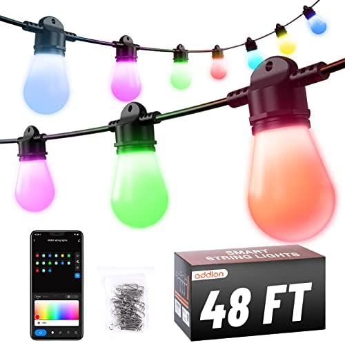 addlon 48FT RGBW Smart Outdoor String Lights with APP Control, Customize Color Patio Lights with 15 Dimmable LED Bulbs Waterproof Shatterproof for Patio, Porch