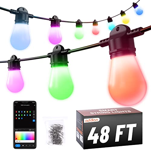 Addlon 48Ft Rgbw Smart Outdoor String Lights With App Control, Customize Color Patio Lights With 15 Dimmable Led Bulbs Waterproof Shatterproof For Patio, Porch #TOP5