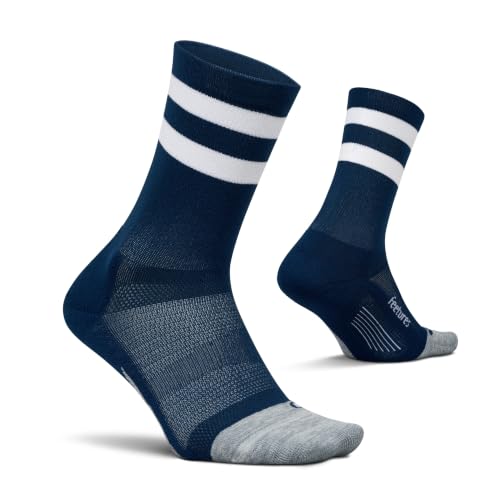 Feetures Elite Light Cushion Mini Crew Sock - Sport Sock with Targeted Compression - Large, Navy High Top Stripe (1 Pair)