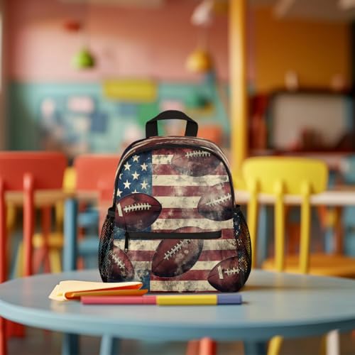 Retro American Football Flag Print Kids Backpack for Boys Girls, Waterproof Lightweight Toddler School Bag with Chest Strap, Small Travel Book Bag Preschool Kindergarten Backpack3