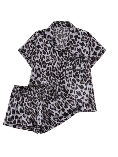 Image of SHENHE Women's 2 Piece Satin Pajama Set Leopard Short Sleeve Pj Shorts Set | Button Down, Cheetah Pjs Set, Silk Pajama Set, Sexy