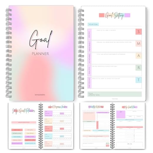 Goal Planner | SMART Goal Setting Kit for the New You, Monthly Habits, Reflections & Vision Boards | Pastel Rainbow A5