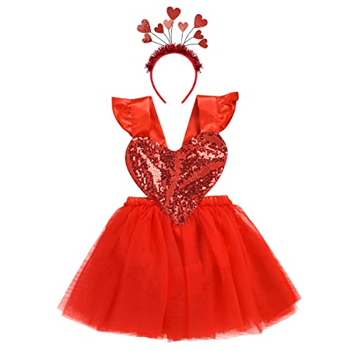 Valentines Day Baby Girl Outfit, Newborn Infant My 1st Valentine's Day Dress Toddler First Birthday Cake Smash Clothes Ruffle Sequin Love Heart Tutu Tulle Romper Dress Headband Set Red 6-12 Months