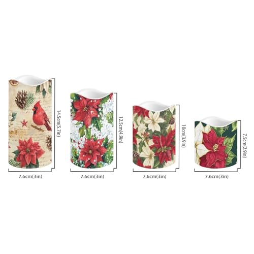 Image of Poinsettia Plastic Flameless Candles with Remote Christmas LED Flickering Battery Operated Color Changing Electric Pillar Candles Christmas Decorations
