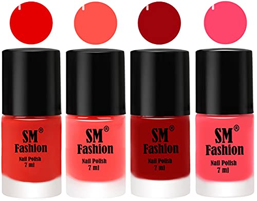 Image of Nail Polish Combo Set (Pack of 4) Quick Dry Gel Finish Nail Paint | Fire Orange,Baby Pink,Light Red,Pink | 7 ml Each