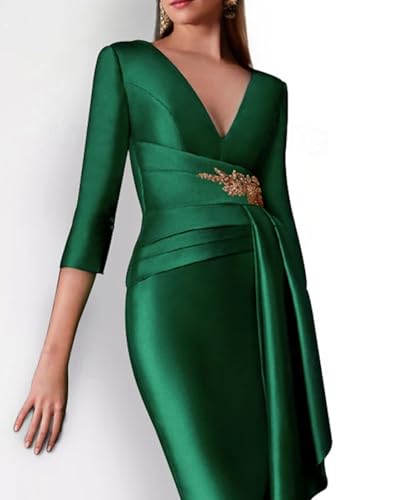 Sheath/Column Elegant Formal Cocktail Dress 3/4 Length Sleeve Tea Length V Neck Wedding Guest Dress with Buttons 20244