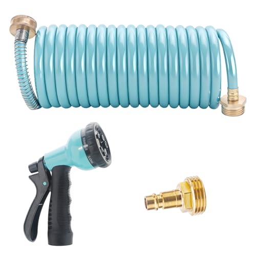 [Blue and green are shipped randomly.]RV External Shower 3/8 in by 15-Foot Coil Hose with 1/2 Inch Quick Connect Adapter for RV Outdoor Shower Boat Hose Coil 3/4 Inch Fittings (With Sprayer)