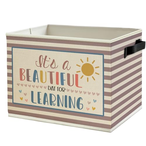 Image of Boho Classroom Storage Bins Box with Handles, It's a Beautiful Day for Learning Neutral Striped Collapsible Basket Organizer for Classroom Kids Room Bedroom Playroom Books Clothes