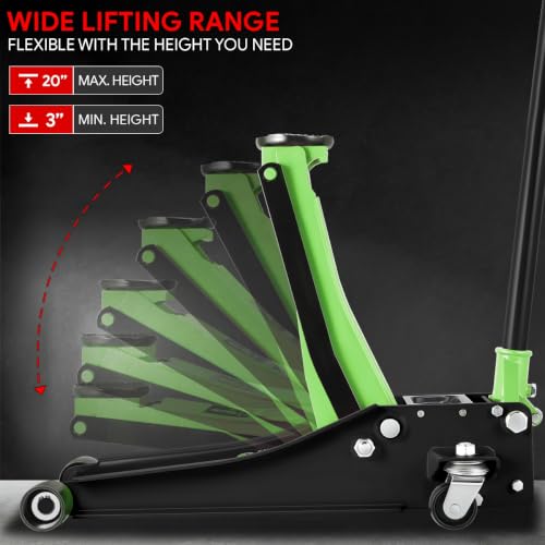 Image of PM PERFORMOTOR Low Profile Hydraulic Trolley Service /Floor Jack, 3 Ton (6000 lbs) Capacity, Lifting Range 3 inch-20 inch,Green,PM-TOL-FJ30-GR