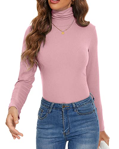Long Sleeve Mock Neck Ribbed Sweater for Women Knit Turtleneck Long Sleeve Shirts Henley Tops Dressy Casual Thermal Shirts Underwear Inner Wear Tops Pink Large