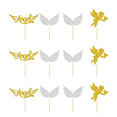 24PCS Glittery Angel Cupcake Toppers, Cupid's Arrow Themed Dessert Decor, God Bless, Baby Girl Happy Birthday Party Decoration Supplies