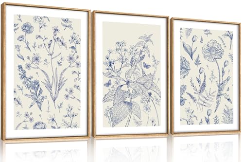 Image of KAIRNE Navy Blue and White Floral Framed Canvas Wall Art Set,Chinoiserie Flower Wall Decor,Watercolor Botanical Art Prints,Modern Wildflower Artwork for Living Room,Bedroom,Farmhouse,Office-24 x36 x3