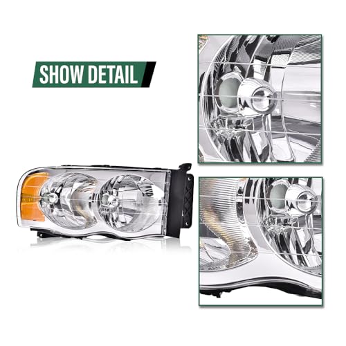 Image of GRAND ORANGE Headlights Assembly Compatible with Dodge Ram 1500 2002-2005, Fit Dodge Ram 2500 3500 2003-2005 Left & Right Headlamps Assembly, Clear Lens Chrome Housing Amber Reflector