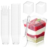 CIATBYYJ 100 Sets 142 ml Dessertbecher mit Deckel und Löffeln, klare quadratische Dessertbecher für Party, Hochzeit, Mini-Tiramisu-Behälter, Dessertbehälter mit Deckel für Pudding, Obst, Joghurt