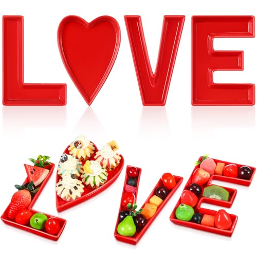 Tioncy 4 Pcs Ceramic Valentine's Love Shaped Candy Bowl Fillable Tray Charcuterie Dish for Fruit Cheese Platter Vegetable Valentine s Day Wedding Birthday Anniversary