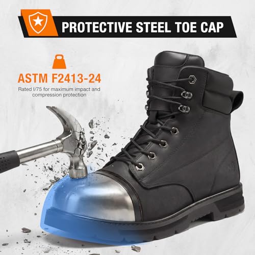 Image of NINGO Steel Toe Work Boots for Men, Water Resistant Crazy Horse Leather | Comfortable Lightweight Non Slip Work Shoes, EH Protection Steel Toe Boots, Arch Support, Construction Industrial Warehouse