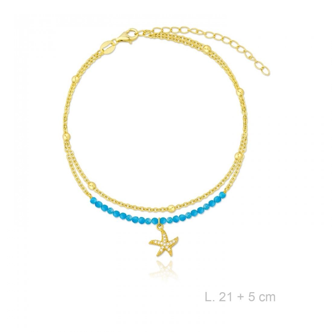 Cavigliera in argento sterling (925) placcato oro, 21 cm. Doppia catena con pietre blu e ciondolo a forma di stella marina.