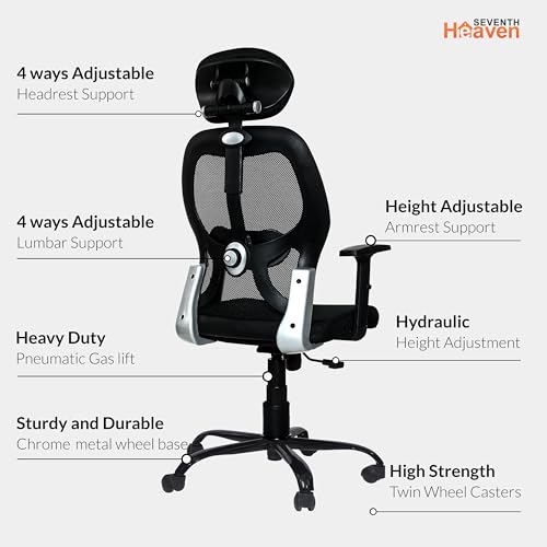 Image of Seventh Heaven Venus Ergonomic Office Chair in High Back with Adjustable Armrests, Headrest & Dynamic Lumbar Support, Synchro Tilt Mechanism: (Heavy Duty Metal Base, Black)