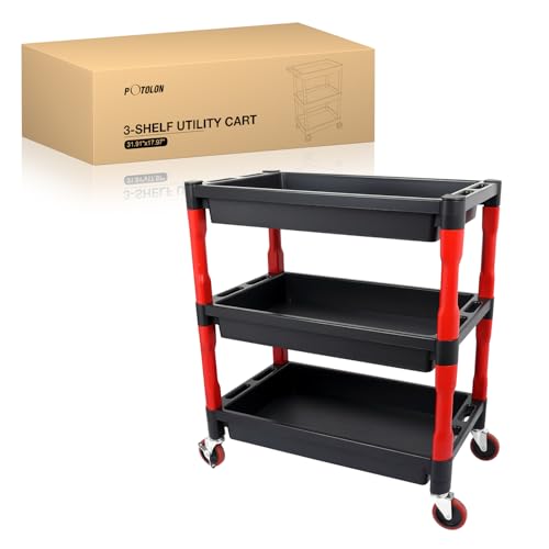 POTOLON 2-Tier Rolling Utility Cart with 4" Swivel Wheels, Heavy-Duty Plastic Tool Cart for Auto Detailing, Garage & Workshop