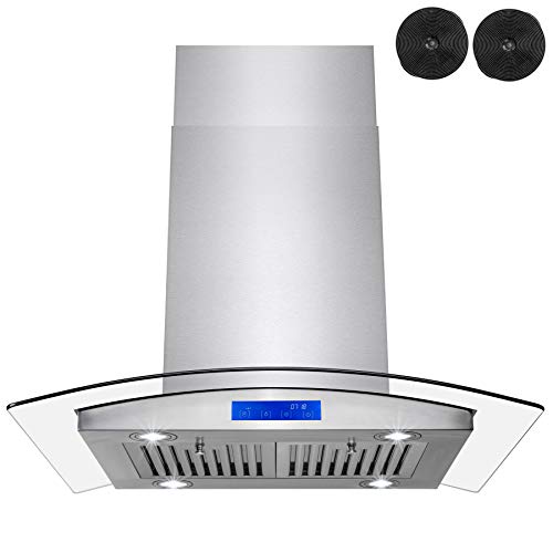 FIREBIRD 36" Stainless Steel Island Mount Range Hood with Tempered Glass, LED Light, Touch Control Panel and Carbon Filters