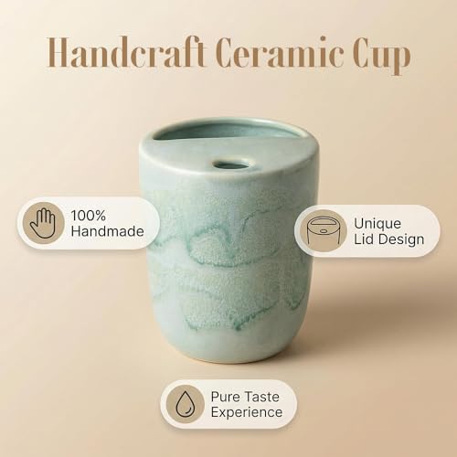 Taza de cerámica artesanal con tapa, 17 oz, color verde espuma miniatura 2