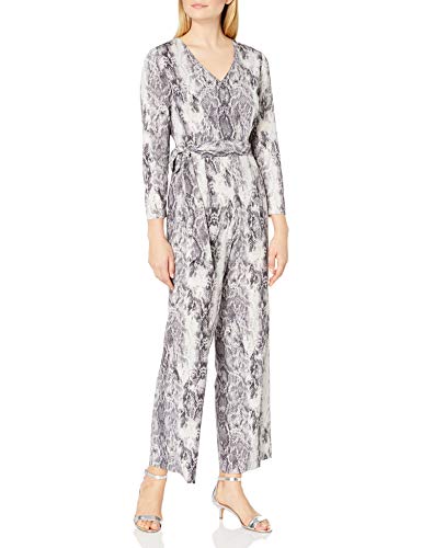 Vince Camuto Women's Long Sleeve Demure Snake Skin Belted Jumpsuit, Rich Black, 6