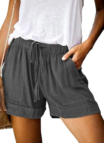 comefohome Shorts Damen Sommer High Waist Kordelzug Elastische Taille Lässig Elegant Kurze Hose Baumwolle Hosen mit Taschen C Dunkelgrau Dark Grey L