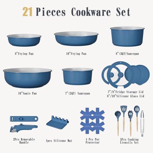 Image of Umite Chef Pots and Pans Set Non Stick, 21 pcs Ceramic Cookware Set with Detachable Handles, Healthy Induction Cookware, RV Kitchen Cooking Set, with Utensils & Frying Pans Set, PFAS PFOA & PTFE Free